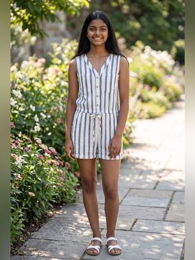 Thread & Supply Blue White Striped Button Front Romper Small